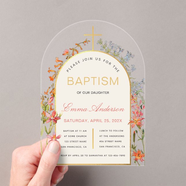 Arch Girl Baptism Gold Cross & Wildflowers Floral  Acrylic Invitations (Insitu (Handheld))
