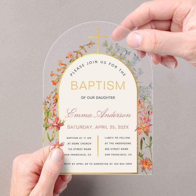 Arch Girl Baptism Gold Cross & Wildflowers Floral  Acrylic Invitations (Creator Uploaded)