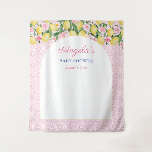 Arch Girly Pink Lemons Baby Shower Photo Backdrop Tapestry (Front)