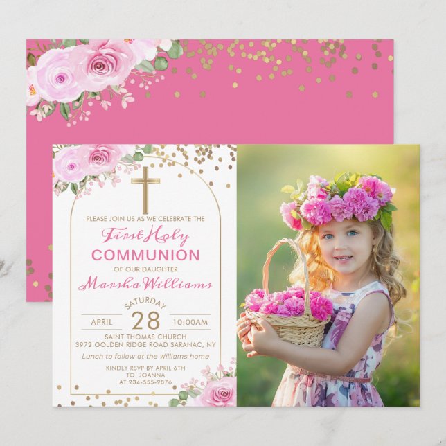 Arch Gold Pink Floral First Holy Communion Photo Invitation (Front/Back)
