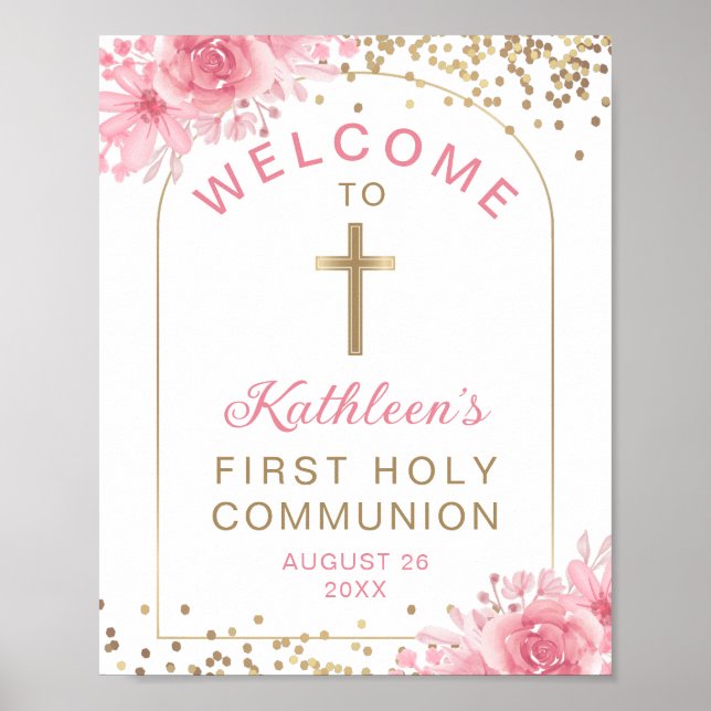 Arch Gold Pink Floral First Holy Communion Welcome Poster (Front)