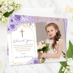 Arch Gold Purple Floral First Holy Communion Photo Thank You Card