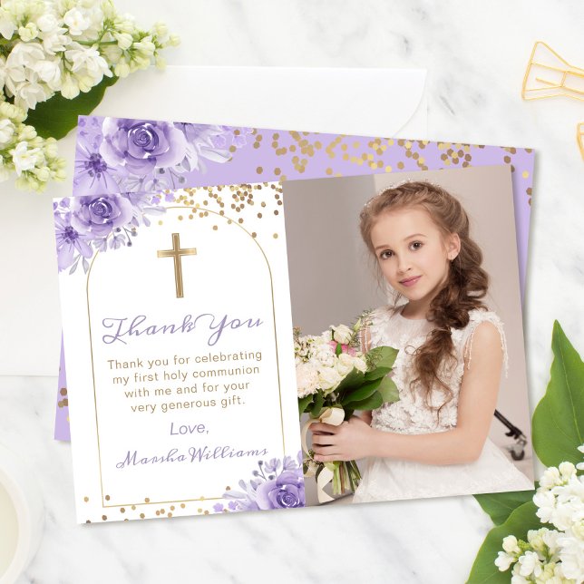 Arch Gold Purple Floral First Holy Communion Photo Thank You Card (Creator Uploaded)