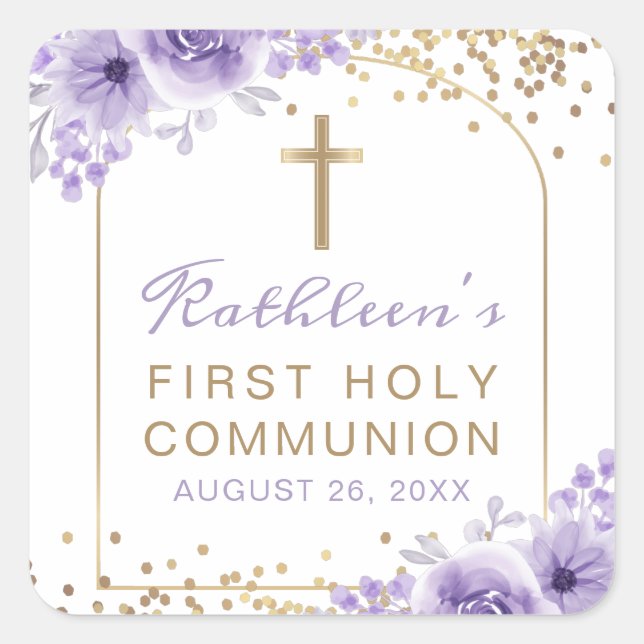 Arch Gold Purple Floral First Holy Communion Square Sticker (Front)