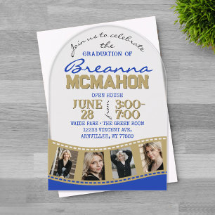 Arch Graduation Photo Filmstrip Blue & Gold Acrylic Invitations