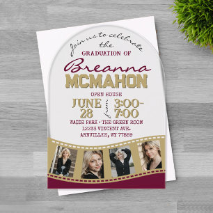 Arch Graduation Photo Filmstrip Burgundy & Gold Acrylic Invitations