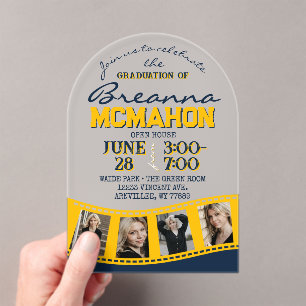 Arch Graduation Photo Filmstrip Navy and Gold Acrylic Invitations