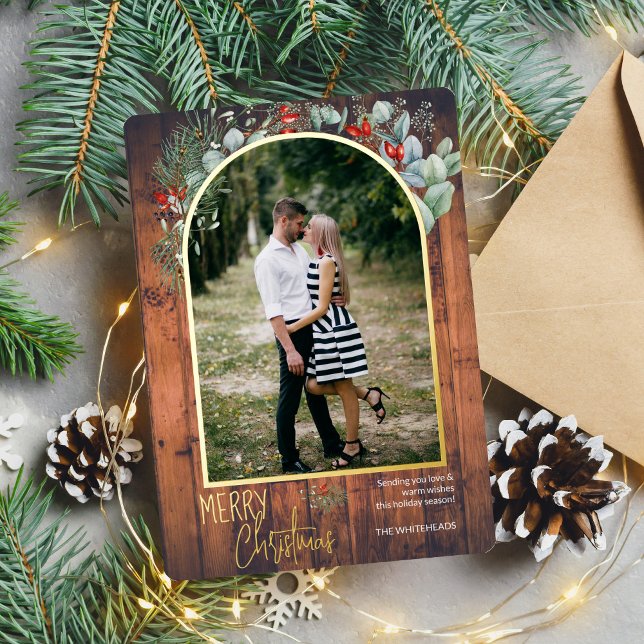 Arch Greenery Merry Christmas Photo Cherry Wood Foil Holiday Card (You will love these beautiful Christmas cards! They feature botanical watercolor pine and berries.)