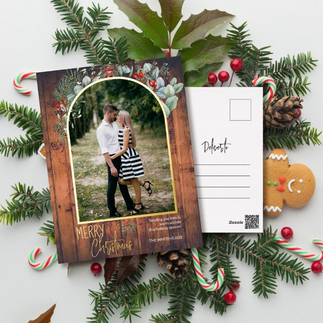 Arch Greenery Merry Christmas Photo Cherry Wood Foil Holiday Postcard (You will love these beautiful Christmas cards! They feature botanical watercolor pine and berries.)