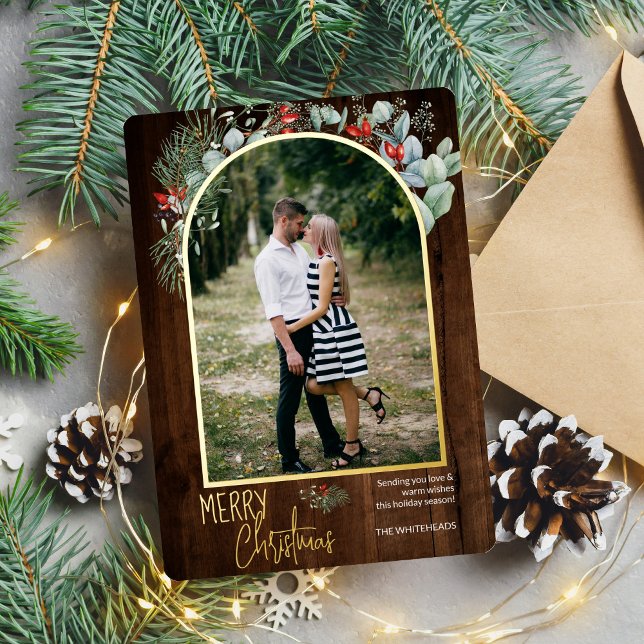 Arch Greenery Merry Christmas Photo Dark Wood Foil Holiday Card (You will love these beautiful Christmas cards! They feature botanical watercolor pine and berries.)