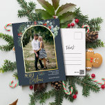 Arch Greenery Merry Christmas Photo Dusty Blue Foil Holiday Postcard<br><div class="desc">This design features watercolor holly and eucalyptus around an arched picture with a gold foil frame.</div>