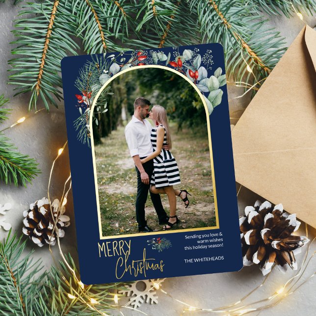 Arch Greenery Merry Christmas Photo Navy Blue Foil Holiday Card (You will love these beautiful Christmas cards! They feature botanical watercolor pine and berries.)