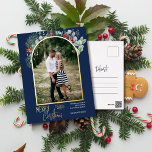 Arch Greenery Merry Christmas Photo Navy Blue Foil Holiday Postcard<br><div class="desc">This design features watercolor holly and eucalyptus around an arched picture with a gold foil frame.</div>