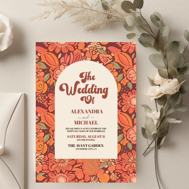 Arch Groovy Retro 70s Floral Wedding Invitation (Creator Uploaded)