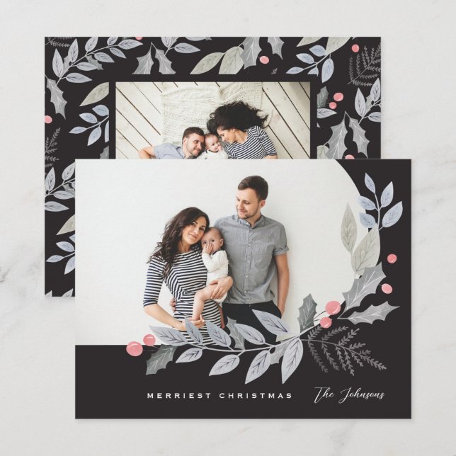 Arch Holly Berry Leaves Christmas Photo Holiday Card (Front/Back)