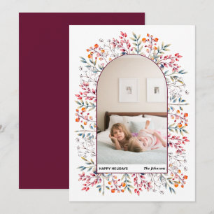 Arch leaves and berries burgundy Christmas photo Holiday Card