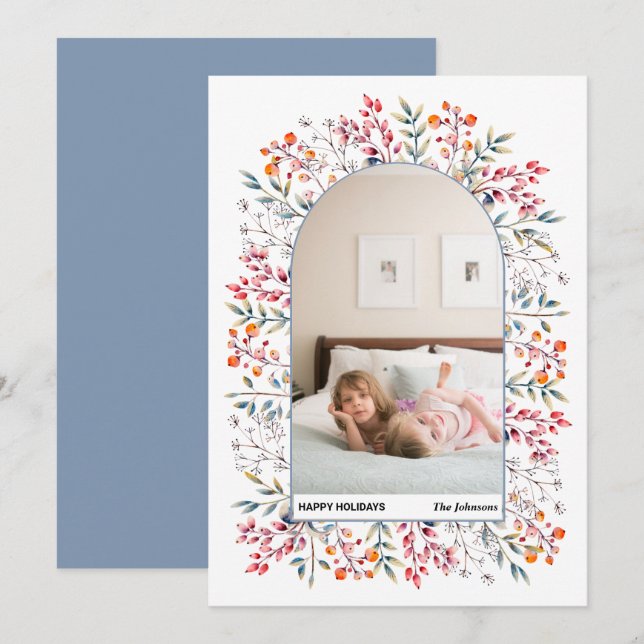 Arch leaves and berries dusty blue Christmas photo Holiday Card (Front/Back)