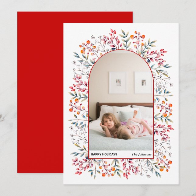 Arch leaves and berries red Christmas photo Holiday Card (Front/Back)