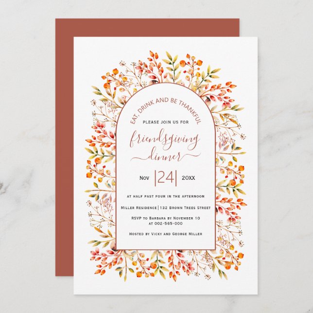 Arch, leaves and berries terracotta Friendsgiving Invitation (Front/Back)