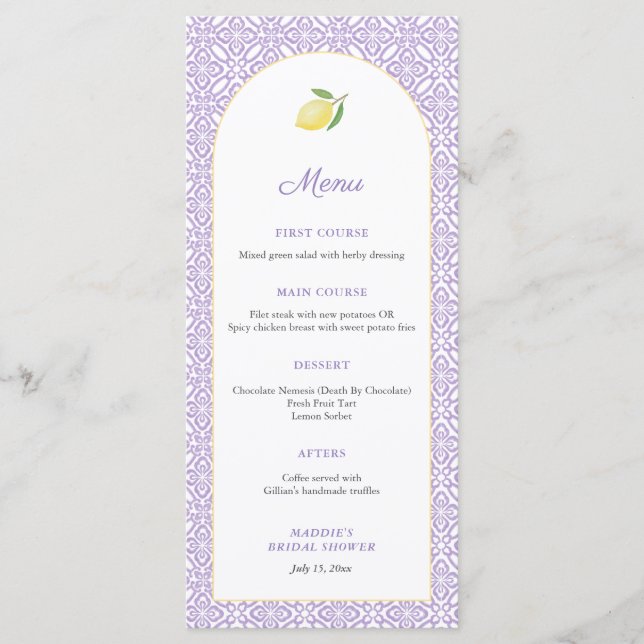 Arch Lemons Lavender Bridal Shower Party Menu (Front)