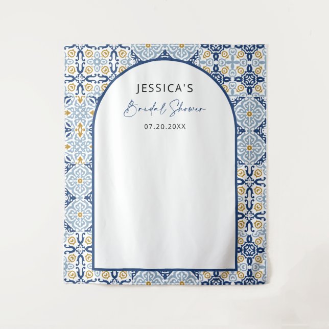 Arch Mediterranean Blue Bridal Shower Backdrop Tapestry (Front)