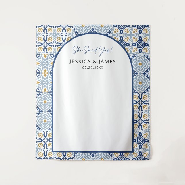 Arch Mediterranean Blue Tile Engagement Backdrop Tapestry (Front)