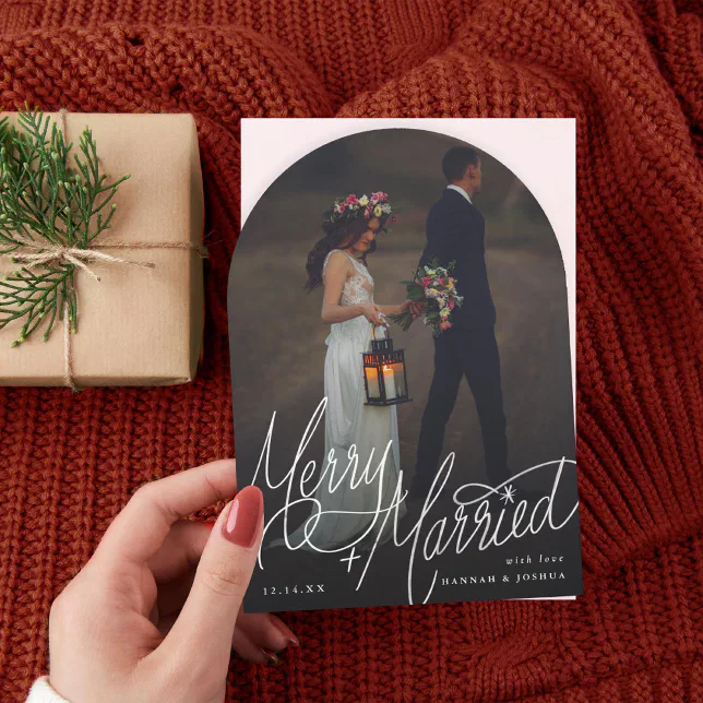 Arch Merry and Married Hand-Lettering Photo Card | Zazzle