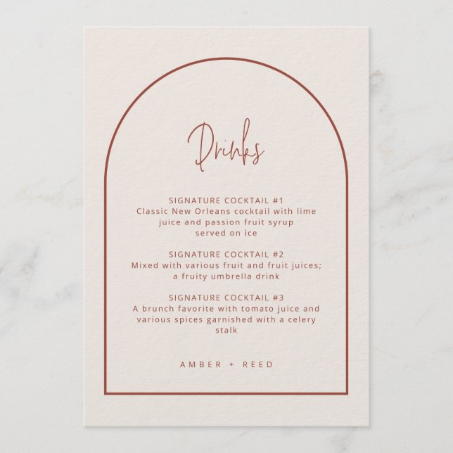 Arch Minimal Script Cream & Terracotta Drinks Menu (Front)