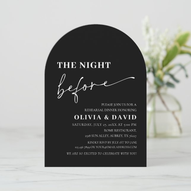 Arch Modern Black Night Before Rehearsal Dinner Invitation (Standing Front)