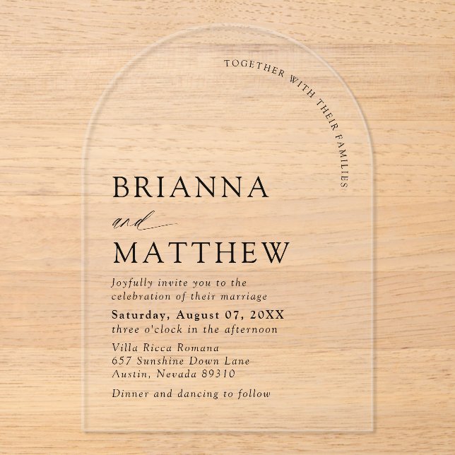 Arch Modern Black & White Minimalist Wedding Acrylic Invitations (Front)