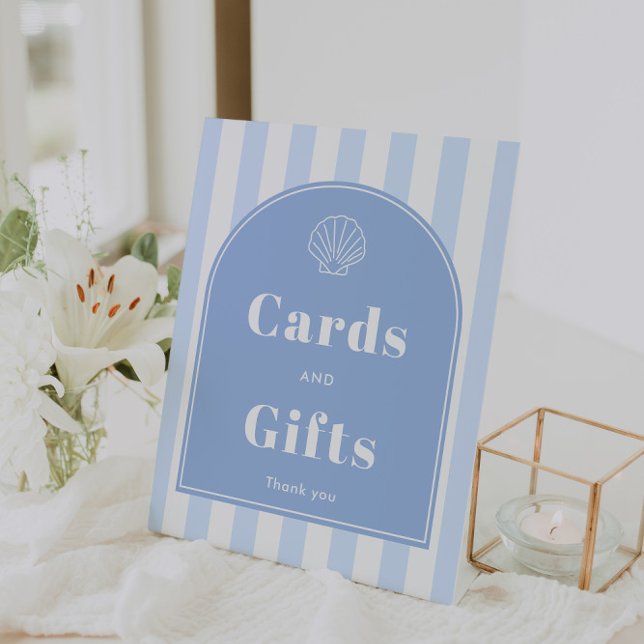 Arch Modern Coastal Bridal Shower Cards And Gifts Pedestal Sign (Coastal themed "Cards And Gifts" 8x10 pedestal sign with modern retro styling)