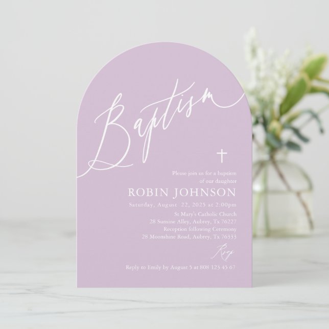 Arch Modern Dusty Purple Cross Baby Girl Baptism Invitation (Standing Front)