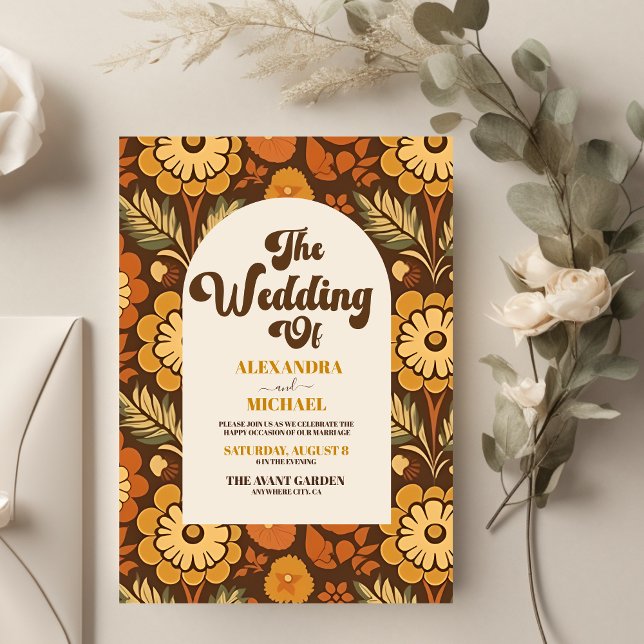 Arch Modern Retro 70s Floral Wedding Invitation (Creator Uploaded)
