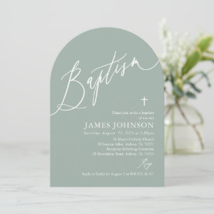 Arch Modern Sage Green White Cross Baptism Invitation