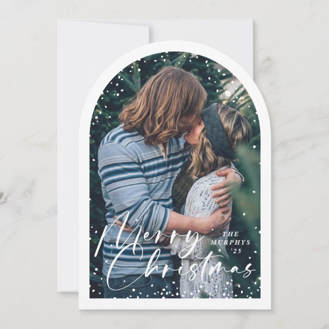 Arch Modern Snow Globe Merry Christmas Photo Card (Front)