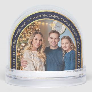 Arch Navy Blue Faux Gold Christmas Family Photo Snowglobe