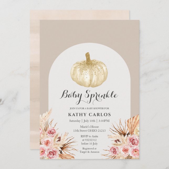 Arch Pampas Grass White Pumpkin Baby Sprinkle  Invitation (Front/Back)