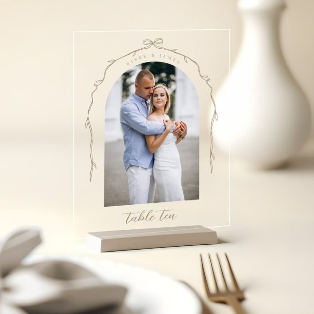 Arch Photo Beige Bow & Ribbon Wedding Table Number Acrylic Sign (Arch Photo Beige Bow & Ribbon Wedding Table Number Acrylic Sign)
