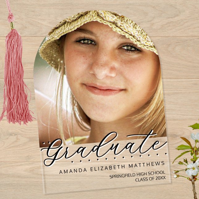 Arch Photo Black And White Girly Script Graduation Acrylic Invitations (A bold yet minimalist design with a girly script font highlights the photo of your graduate)