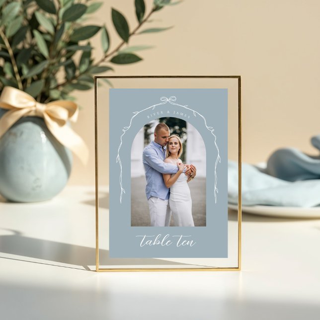 Arch Photo Blue Bow & Ribbon Wedding Table Number (Arch Photo Blue Bow & Ribbon Wedding Table Number)