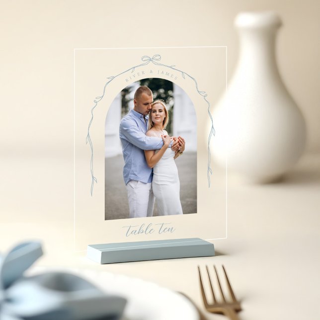 Arch Photo Blue Bow & Ribbon Wedding Table Number Acrylic Sign (Arch Photo Blue Bow & Ribbon Wedding Table Number Acrylic Sign)