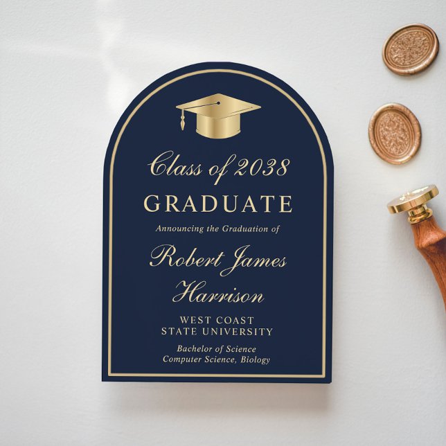 Arch Photo Blue Gold Graduation Announcement (Share the pride and excitement of your graduate's achievement with friends and family near and far)