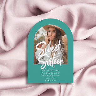 Arch Photo Brush Calligraphy Sweet 16 Turquoise Invitation