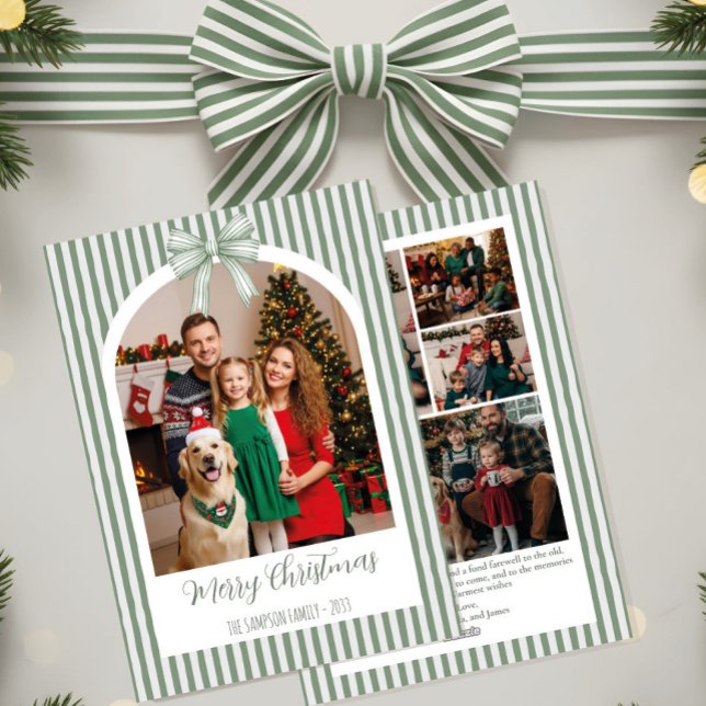 Arch Photo Christmas Card with Green Stripes & Bow (Creator Uploaded)