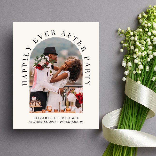 Arch Photo Cream Wedding Reception Invitation (Celebrate your love story with an invitation showcasing your favorite photo in an elegant arch frame)