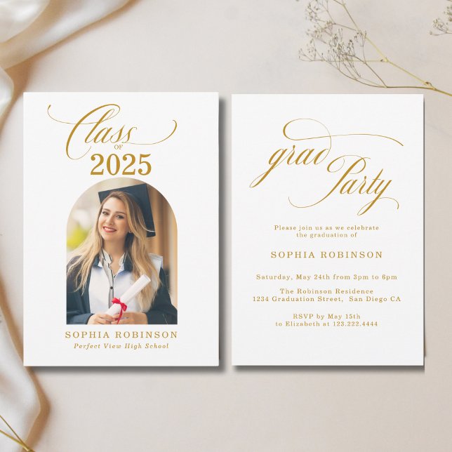 Arch Photo Elegant Gold Script Graduation Party Invitation (Creator Uploaded)