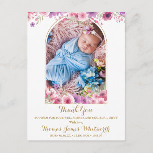 Arch Photo Floral Script Thank You Baby Birth Announcement Postcard