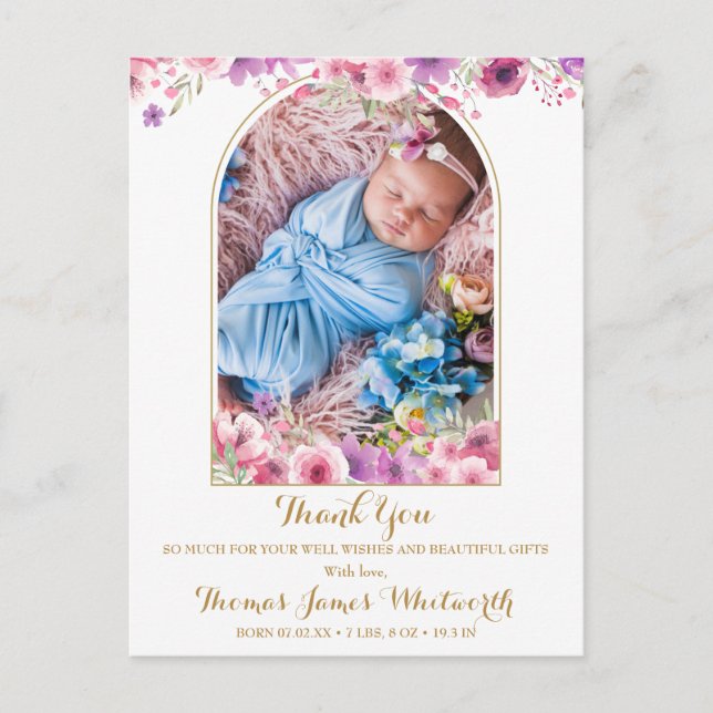 Arch Photo Floral Script Thank You Baby Birth  Announcement Postcard (Front)