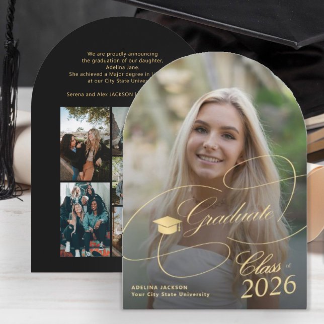 Arch photo gold black graduate script graduation invitation (Creator Uploaded)