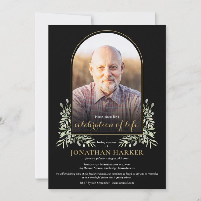 Arch Photo Greenery Celebration of Life Funeral Invitation (Front)